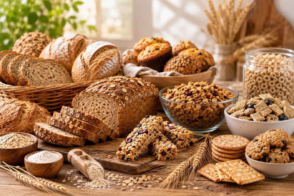 Whole-grain breads, cereals, granola, muffins, and bakery snacks