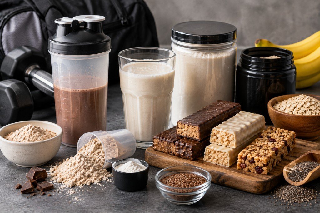 Protein shakes, nutrition bars, powders, and sports nutrition products
